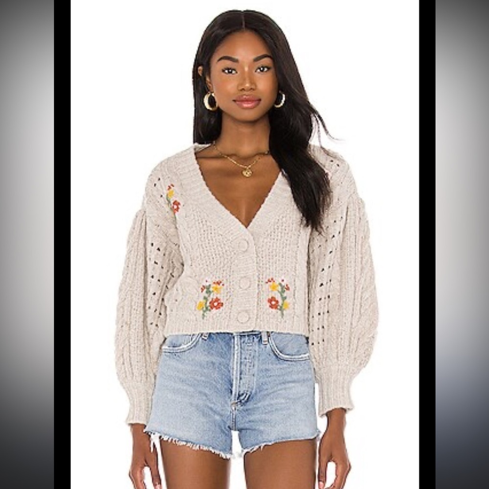 For Love & Lemons Amaryllis Cropped Cardigan in Wheat, size XS